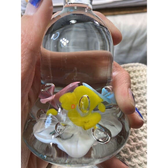 Vintage Joe St Clair Pink Yellow and Blue Flowers Green Leaves Bell Paperweight - Picture 12 of 12